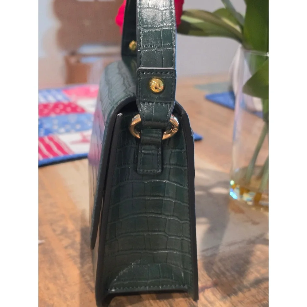 JW PEI Dark Green Croc Embossed‎ Vegan Leather Top Handle Flap Bag Gold Hardware